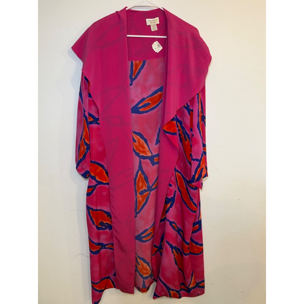 Vintage Victorias Secret Gold Label Hooded Robe Pink Abstract Duster M/L NWT